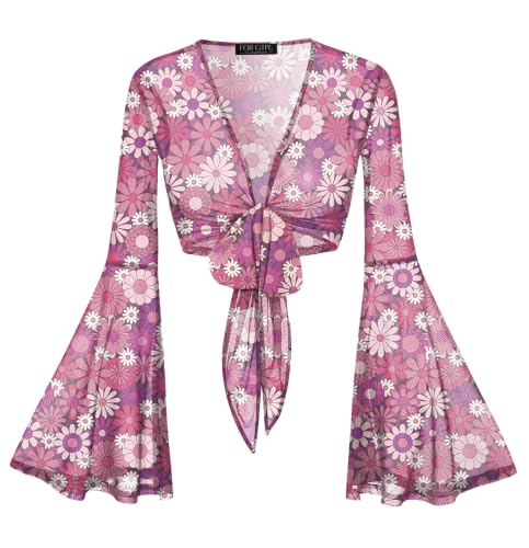 Image of For G and PL Women Tie Front Bell Sleeve Rave Crop Tops Floral Print Hippie Mesh Sheer Shirt