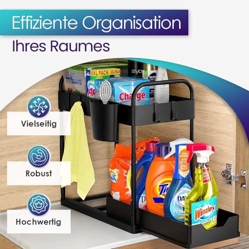 WABUFIX Unter-Spüle Organizer – Küchen Organizer für Spülenschrank & Bad – 2 Etagen Regal platzsparend mit 4 Haken, 2 Bechern & 4 Trennblättern – Schwarz