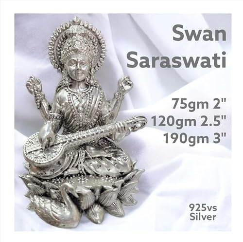 Vishaka Arts Idole Saraswati en argent pur 925 / Statue Sarasvati MATA en argent Religion hindoue Idole Sculpture Idole 5,1 cm (75 GMS) – vue 2