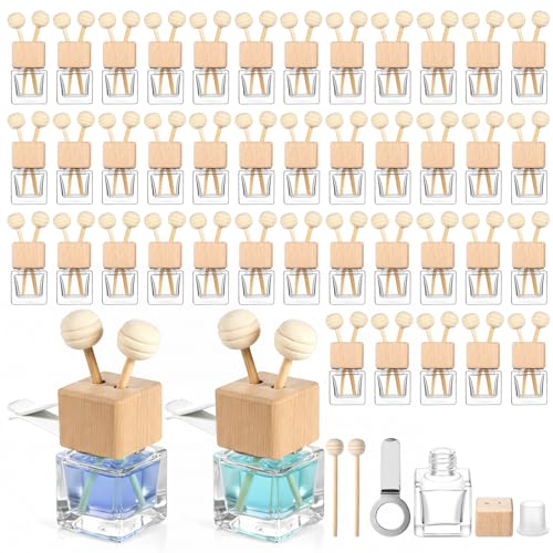 50 Pack Car Air Freshener Diffuser with Vent Clip, Clear Glass Perfume Bottle, Car Diffuser Bottles Empty Bulk for Essential Oil Perfume Glass Bottle with Wooden Caps Stick, for Auto Fragrance by Lyksgir - Used condition - US$24.57