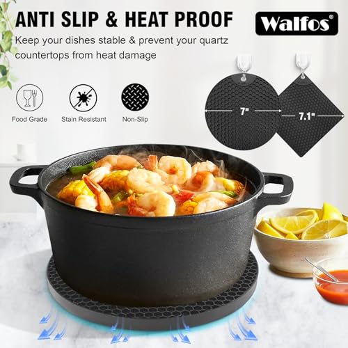 Image of Walfos Silicone Trivet Mats - 4 Heat Resistant Pot Holders, Multipurpose Non-Slip Hot Pads for Kitchen Potholders, Hot Dishers, Jar Opener, Spoon Holder, Food Grade Silicone & BPA Free (Black)