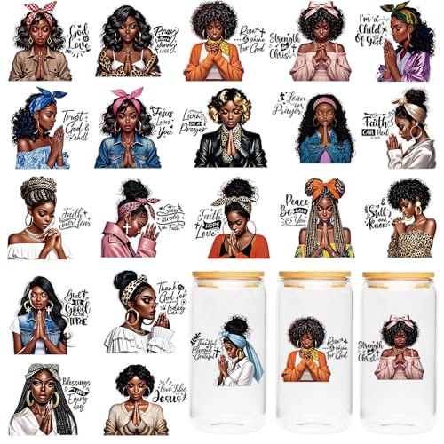Black Girl UV DTF Cup Wraps - 20 Sheet Pray UV DTF Transfer Decals Black Girl UVDTF Cup Wraps for Glass Inspirational Waterproof Transfer Sticker DIY Crafts for Women