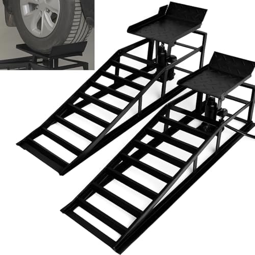 2 Pack Hydraulic Car Ramps with 5 Ton Jack – Adjustable Height 9.8" to 15", Heavy Duty Steel Service Ramps for Cars, SUVs, Trucks – 10,000 lbs Capacity, Garage Lift Tool