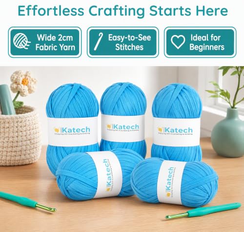 Image of Katech 400g T-Shirt Yarn for Crocheting, Elastic Fabric Yarn for Bag-Blue