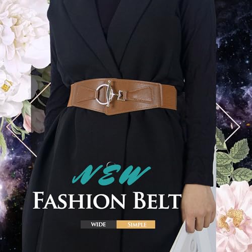 Women Wide Elastic Waist Belt for Dresses Fashion Gold Buckle Vintage Stretchy Ladies Faux Leather Belts Solid Color2