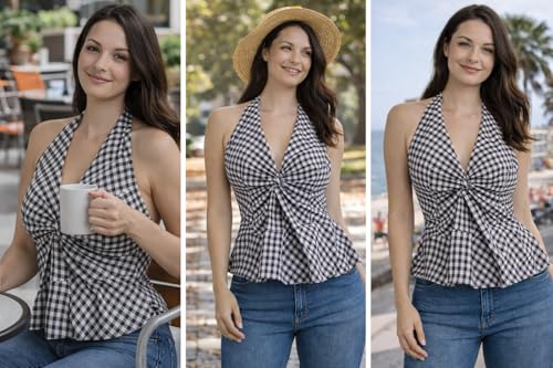 Image of Muhib Women's Halter Neck Sleeveless Cotton Top | Black & White Gingham Check Twist Front Summer Top | Stylish Casual Crop Blouse for Women
