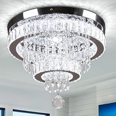 Finktonglan 16" Modern Crystal Chandelier, 2 Rings LED Crystal Ceiling Light Semi Flush Mount Chandelier Ceiling Light for Bedrooms Living Room Dining Room (6500K Cool White)