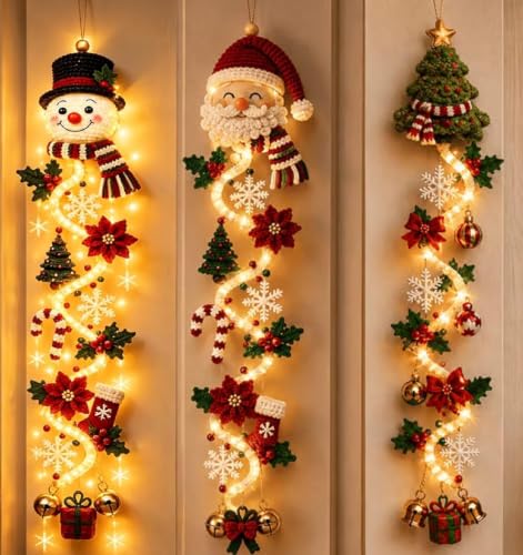 Colgador de puerta de Navidad brillante, corona de tela, decoraciones navideñas, 3 piezas iluminadas verticales, decoración colgante de Navidad, luces de Navidad para interiores para entrada del