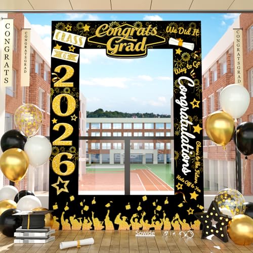 Graduation Backdrop Arch 2026 Black and Gold, Graduation Decorations Photo
