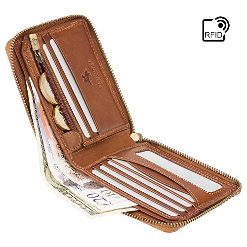 Visconti Hawking Drw31 Zip Around Mens Bifold Leather Wallet, Oak Tan, Medium #TOP3