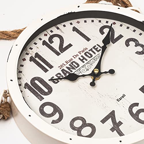 10 Inch Metal Retro Lanyard Silent Wall Clock Battery Operated Hand Made Farmhouse Clock Rustic Chic Shabby Clock With Rope Hanging Decorative For Living Room/Kitchen/Bedroom/Bathroom White #TOP3