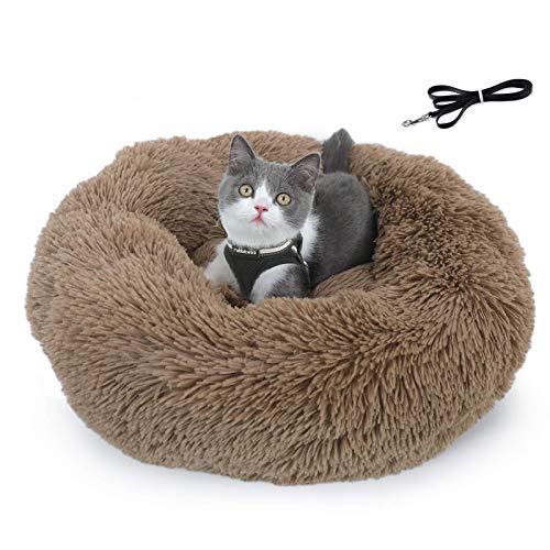 rabbitgoo Cat Bed Cat Harness and Leash Set, Soft Plush Donut Cuddler Cushion Pet Bed, Walking Escape Proof, Adjustable Soft Kittens Vest with Reflective Strip for Cats