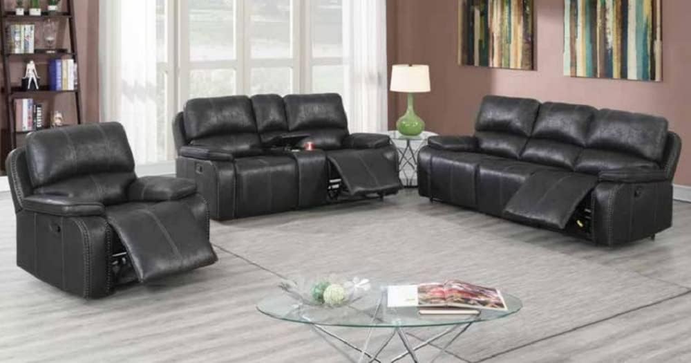 Marseilles 3 Pieces Reclining Sofa Set in Black Leather-Like Fabric