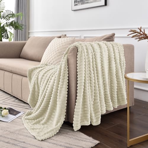 Image of BEDELITE Fleece Blanket Queen Size - 3D Ribbed Jacquard Soft and Warm Decorative Fuzzy Blankets - Cozy, Fluffy, Plush Lightweight Throw Blankets for Couch, Bed, Sofa(Beige, 90x90 inches)