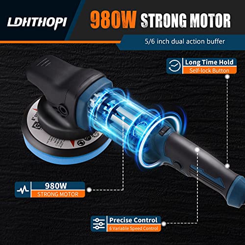 Ldhthopi Dual Action Polisher, 980W 5/6 Inch Random Orbital Buffer Polisher For Car Detailing, 2800-5800Rmp, 6 Variable Speed Buffer Polisher With 8 Detachable Pads #TOP1
