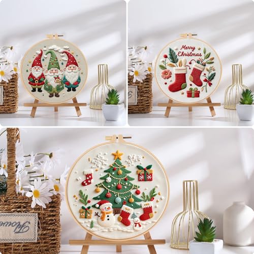 Image of Offizon Christmas Embroidery Kit for Beginners, 3 PCS Starter Cross Stitches, Winter Santa Handicrafts, Merry Chistmas