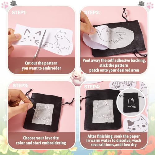 Image of Spritewelry 57 Pcs Cat Water Soluble Embroidery Patterns Kitten Cat Stick and Stitch Transfer Embroidery Paper Wash Away Adhesive Stabilizers for Hand Sewing Beginners Starter Adult