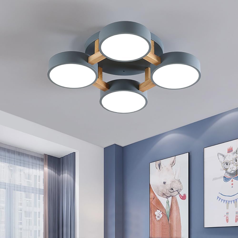 LED Ceiling Light Fixture,20 Inch 4-Lights Modern Ceiling Lights Flush Mount Wooden 44W Chandelier for Living Room Bedroom Kitchen,Dimmable 3000K/4000K/6000K Temperatures Selectable, Grey