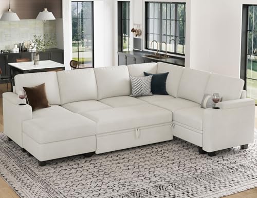 Belffin Sleeper Sofa Modular Sectional Pull Out Couch Bed U Shaped Sofa Couch for Living Room with Storage Chaise. White