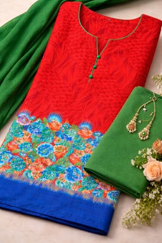 Image of Women's Cotton Blend Unstitched Kurti Set for Women | A-Line Style Dress Material | 2-Piece Traditional Ethnic Wear Suit Fabric