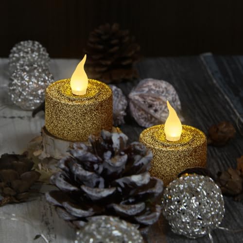 Image of FURORA LIGHTING Gold Glitter Flameless Tealights - 1.45 inch W x 1.57 inch H, 12-Pack, Batteries Included