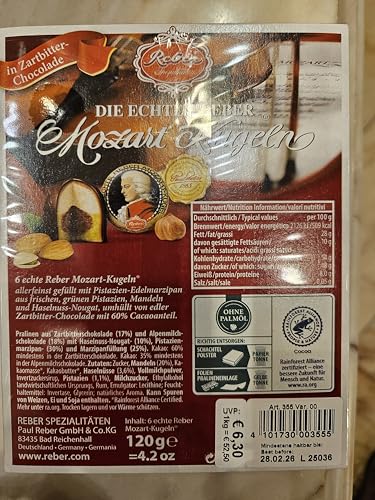 Reber, Mozart-Kugeln Barock, 6er Packung, Mozart-Kugeln aus Zartbitter-Schokolade, Gefüllt mit Pistazien-Marzipan, Mandeln und Haselnuss-Nougat, 120g (6 Mozart-Kugeln)