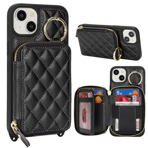 Étui iPhone 15 Plus en cuir avec porte-carte et fermeture éclair élégante