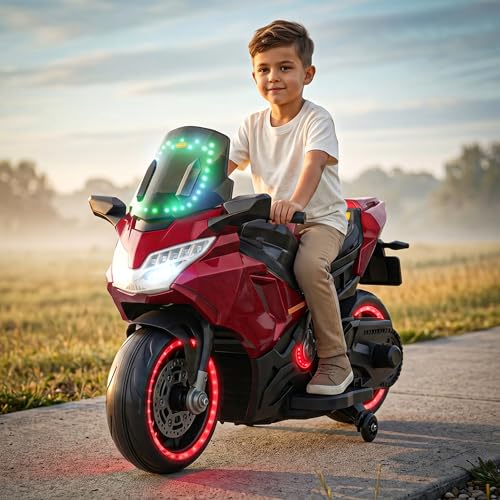 Image of Baybee BoltX Electric Bike for Kids 3+ Years | Baby Rechargeable Battery Bike with Training Wheels, Hand Accelerator, Foot Brake, Led Lights & Music | Battery Operated Bike for Kids to Drive (Red)