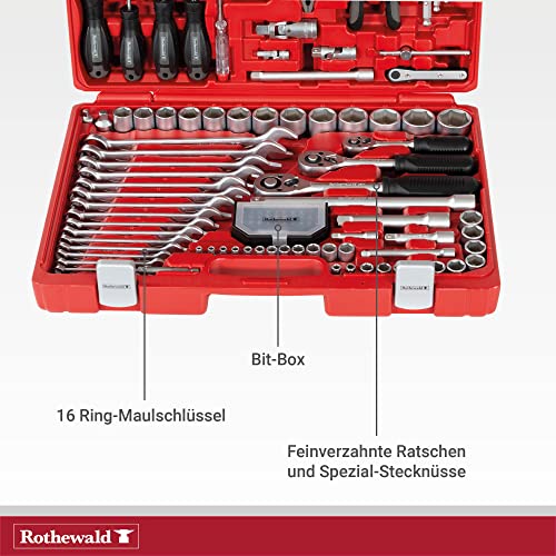 Rothewald Industrie-Werkzeugsatz, 122 Teile, Metrisch, Steckschlüssel- Und Bitsatz, Feinverzahnte Knarren, Spezial-Stecknüsse, Ideal für Motorrad, Auto, Hobby & Haushalt - 4