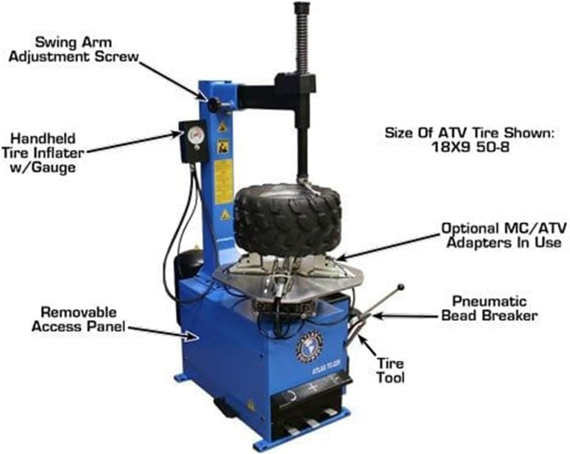 ATLAS TC229 Tire Changer with ATV tire, highlighting removable access panel and bead breaker.