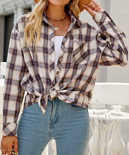 Image of CHYRII Womens Button Down Flannel Shirts Long Sleeve Plaid Shackets Business Casual Blouse Top