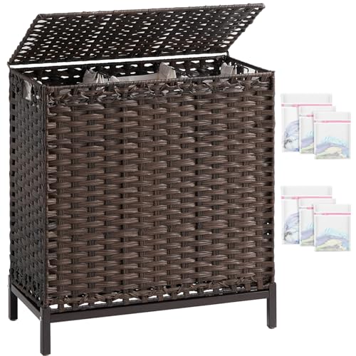 SETVSON Laundry Hamper with Lid, 35 Gal 3-Bag Clothes Sorter, Brown