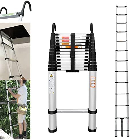 Telescoping Ladder 16FT Aluminum Telescoping Extension Ladder with Roof Hooks, 2.8Inch Detachable Hooks Prefect for Home Or Outdoor Rooftop, Collapsible Ladder Attic Ladder Rv Ladder 330lb Capacity