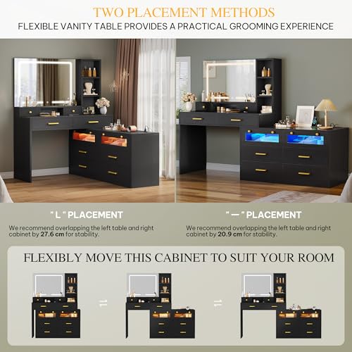 Image of DWVO Large Vanity Desk with Mirror - RGB LED and Charging Station, Make up Vanity Mirror with 3 Lights Mode and Brightness Adjusted, Large Storage Space-10 Drawers, 3 Open Shelves, Black