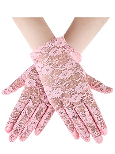 SATINIOR Lace Gloves for Women Tea Party Short Lace Gloves Courtesy Dressy for Cosplay Dinner Party Evening(Pink)