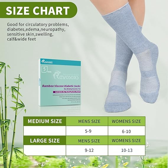 Image of Revosoxs Diabetic Crew Socks for Men Women,Bamboo Viscose Non-Binding Loose Top Wide Socks with Seamless Toe 9-12 10-13