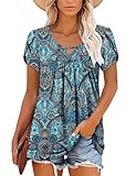 onlypuff Womens Summer Floral Tops Boho Boho Vintage Short Sleeve Blouses Dressy Casual Pleating Loose Fit T Shirts BluePattern M