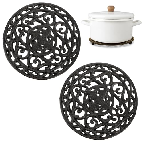 Nagpew 2 Pack Cast Iron Trivet, 8 Inch Round Metal Trivets with Rubber Feet Caps, Rustproof Heat Resistant Hot Pot Plate Stand Holder Mat Pad for Kitchen, Dining Table, Countertop by Nagpew - Used condition - US$15.00