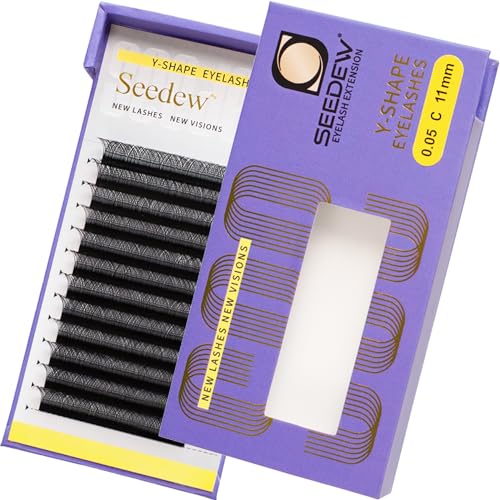SEEDEW YY Lashes, 0.05mm C/D Curl 10/11/12mm Single Length Y Shape Eyelash Extensions, 2D 12 Rows Natural Soft Easy Application Long Flat Stem Lash Grafting for Lash Artists, Salon(0.05-C-11mm-Black)