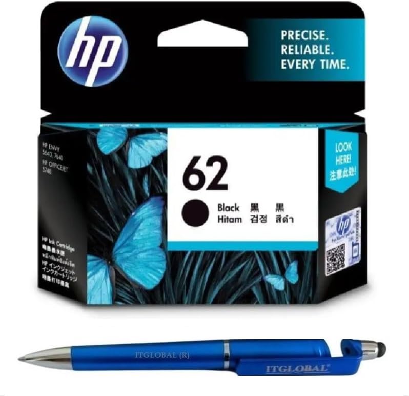 HEWLETT PACKARD (HP) 62 Ink Cartridge (Black) with 3in1 Multi-Function Mobile Phone Stand, Stylus Pen, Anti-Metal Texture Rotating Ballpoint Pen (Very Colors)
