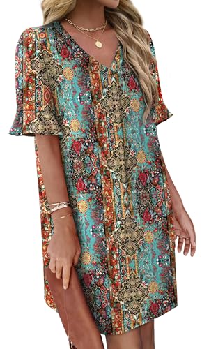 Image of OFEEFAN Summer Dresses for Women Ruffle Short Sleeve V Neck Casual Shift Dress with Pockets