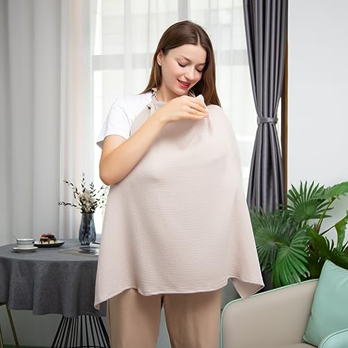 Image of Muslin Nursing Covers for Breastfeeding Breastfeeding Cover for Mom Breathable 100% Cotton Privacy Nursing Covers Arch Shape Neckline Soft Cotton Multi-use Nursing Apron