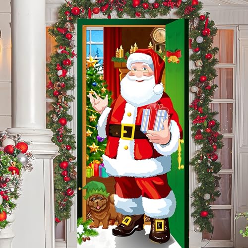yumcute Decoración De Cubierta De Puerta De Navidad, Bandera Colgante de Fondo de Papá Noel Navideña, Decoraciones de Puerta de Navidad para Decoraciones de Fiesta de Navidad y Nuevo Año 200x90cm