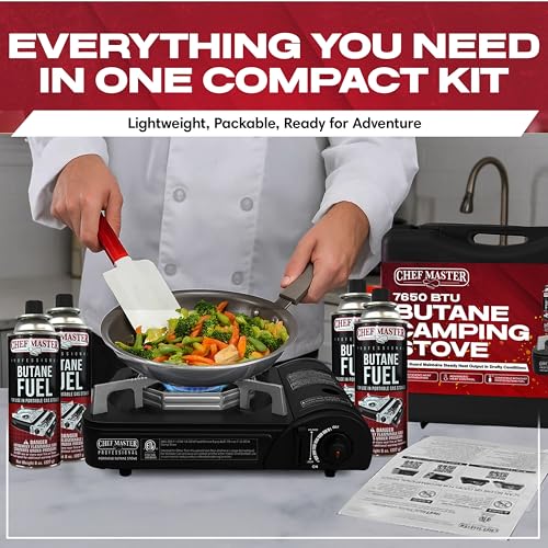 Portable Butane Camping Stove COMBO, Piezo Ignition Wind-Guard 7,650 BTU Portable Stove Burner w/ 4 x 8oz. Butane Fuel Canister for Emergencies, Hiking & Outdoor Camping Essential by Chef Master 90027 - Image 5