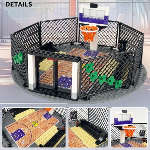 Street Basketball Court Building Block Set with 20 Famous Sport Figures, Compatible with Lego 853792 Accessory, Basketball Hoop, Auditorium, for Kids, Basketball Fans (Gray pro)