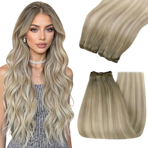 Image of YoungSee Weft Hair Extensions 20 Inch Ash Blonde Balayage Platinum Blonde Human Hair Extensions Sew in, Custom Fit for Specific Head Shape, Heat Styable Human Hair Weft Extensions 1 Piece 100g