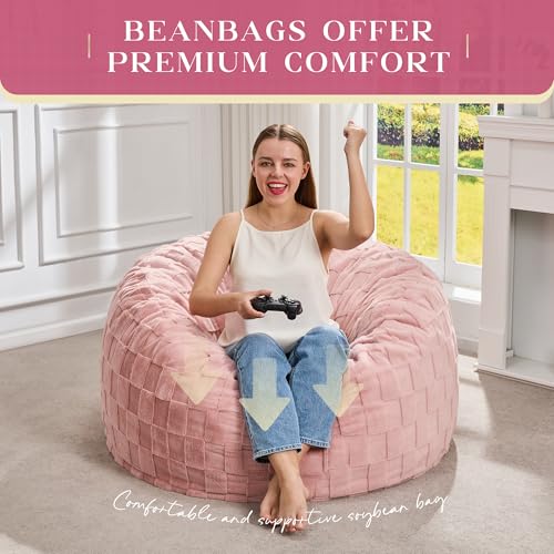 Image of Hobestluk Large Bean Bag Chairs 3FT Big Adults BeanBag Chairs Plaid Cover | Memory Foam,Washable Cover,Unique Fluffy Plaid,Comfy Adults Bean Bag with Filler Gaming Reading Bedroom Dorm Room | Pink 3FT