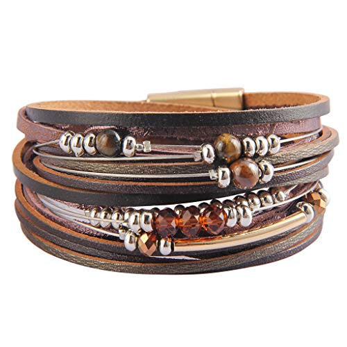 GelConnie Leather Wrap Bracelet Tiger Eye Multilayer Cuff Bracelet Magnetic Braided Bracelet Bohemian Jewelry for Women, Wife, Sister