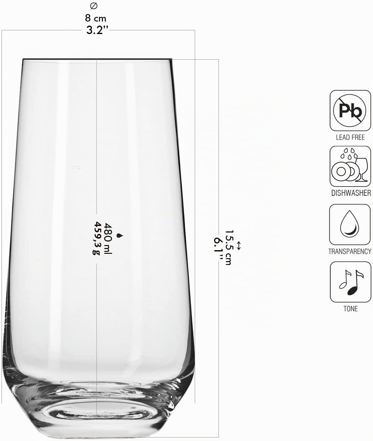 Krosno Verres à Eau, Long Drink Lot de 12, 490 ml, Collection Splendour | Grand haut verres à cocktail, mojito, smoothie, milkshake, Verrerie élégants, Cristal sans plomb, Compatibles lave-vaisselle