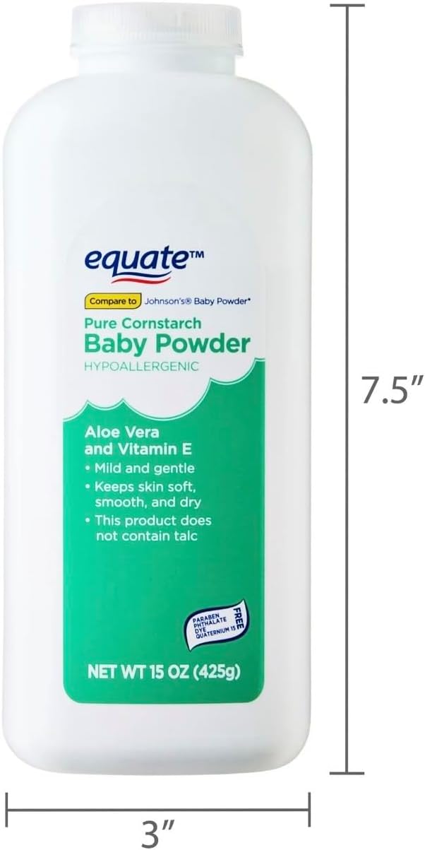 Equate Pure Cornstarch Baby Powder. Talc Free. Hypoallergenic with Aloe Vera and Vitamin E. (15oz Pack of 2) image 5